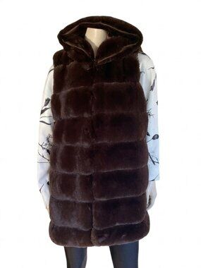 Rachel Zoe Ultra Plush Hooded Faux Fur Long Vest Pockets Medium Large Brown ECU